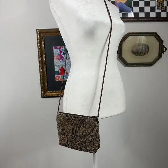 Small Tapestry Rug Bag with Beaded Zipper and Brown Cord Strap - Picture 2 of 6